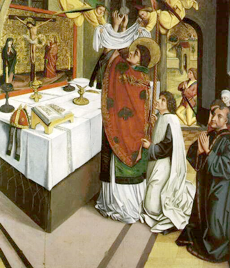 Szentmise középkori ábrázolása. A kép az ostya átváltoztatásának pillanatát mutatja 