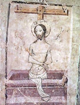 Freskórészlet a siklósi várkápolnából, a sírjában álló szenvedő Krisztust ábrázolja