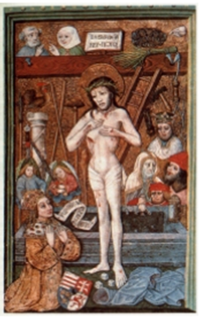 Kódexkép egy1469-ben készült misekönyvből, a szenvedő Krisztus előtt Mátyás király térdel 