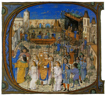 Körmenet az Oltáriszentséggel Mátyás király imakönyvéből, a királyi pár hátul a páholyból nézi az eseményt