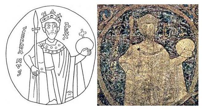 Szent István király korabeli ábrázolása a koronázási paláston