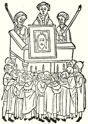 Az ereklye nyilvános bemutatása zarándokok előtt középkori ábrázoláson