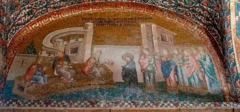 Mária vörös fonalat kap a főpaptól (mozaik, Khóra-templom, Isztambul)