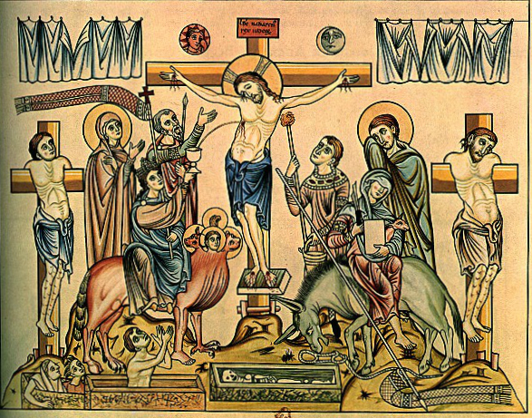 Jézus keresztrefeszítése (Herrad von Landsberg: Hortus deliciarum, 12. századi kódex)
