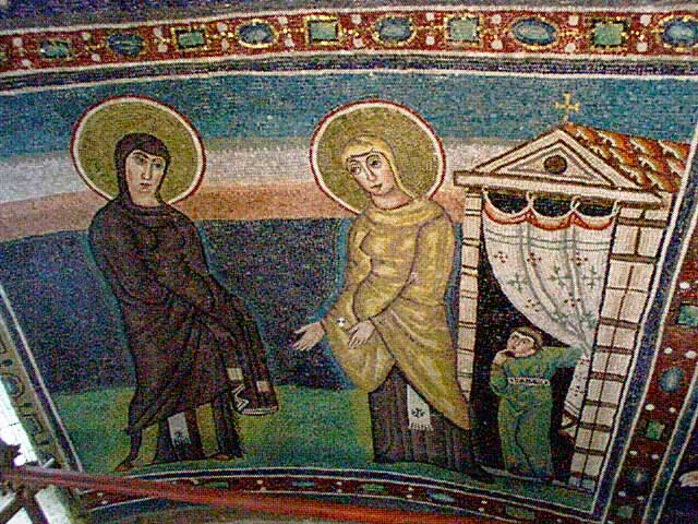 Mária és Erzsébet találkozása (mozaik, VI. század, Szt. Euphrasius-bazilka, Poreč)
