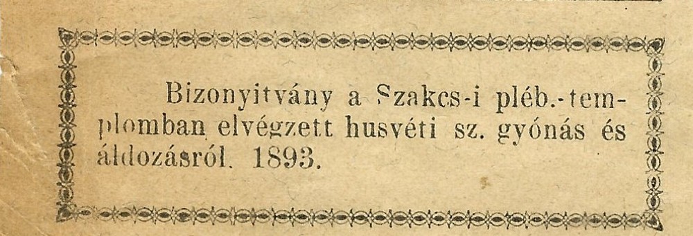 Husveti gyonasi cedula Szakcs 1893