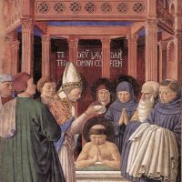 Benozzo Gozzoli: Ambrus püspök megkereszteli Ágostont (1464-1465, San Gimignano)
