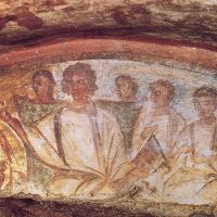 Krisztus mint filozófus a tanítványokkal. Falfestmény a Domitilla katakombában (Kr. u. 2-3. század).