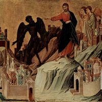 Duccio di Buoninsegna: Jézus megkísértése (1308-1311) A sienai dóm számára készült sokrészes oltárkép (Maesta) részlete, jelenleg a Frick-gyűjtemény részeként látható (New York, Egyesül Államok)