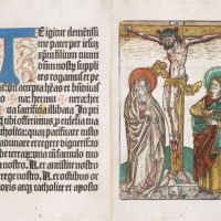 A Pécsi Misekönyv 1487-es bázeli kiadásának egy díszes lapja és a kánonkép | Forrás: Herzog August Bibliothek, Wolfenbüttel – Digital Library