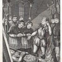 Mátyás király III. János pécsi püspök koporsója mellett