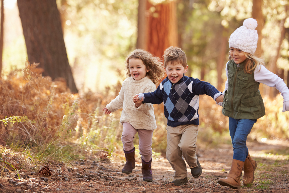 Group,Of,Young,Children,Running,Along,Path,In,Autumn,Forest